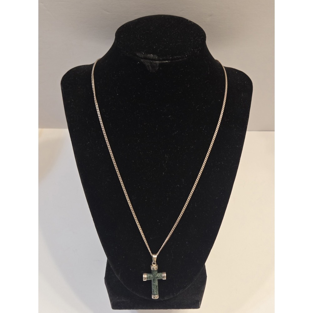 Vintage Sterling Silver & Jade Cross Pendant 21.5" Sterling Cuban Chain Necklace